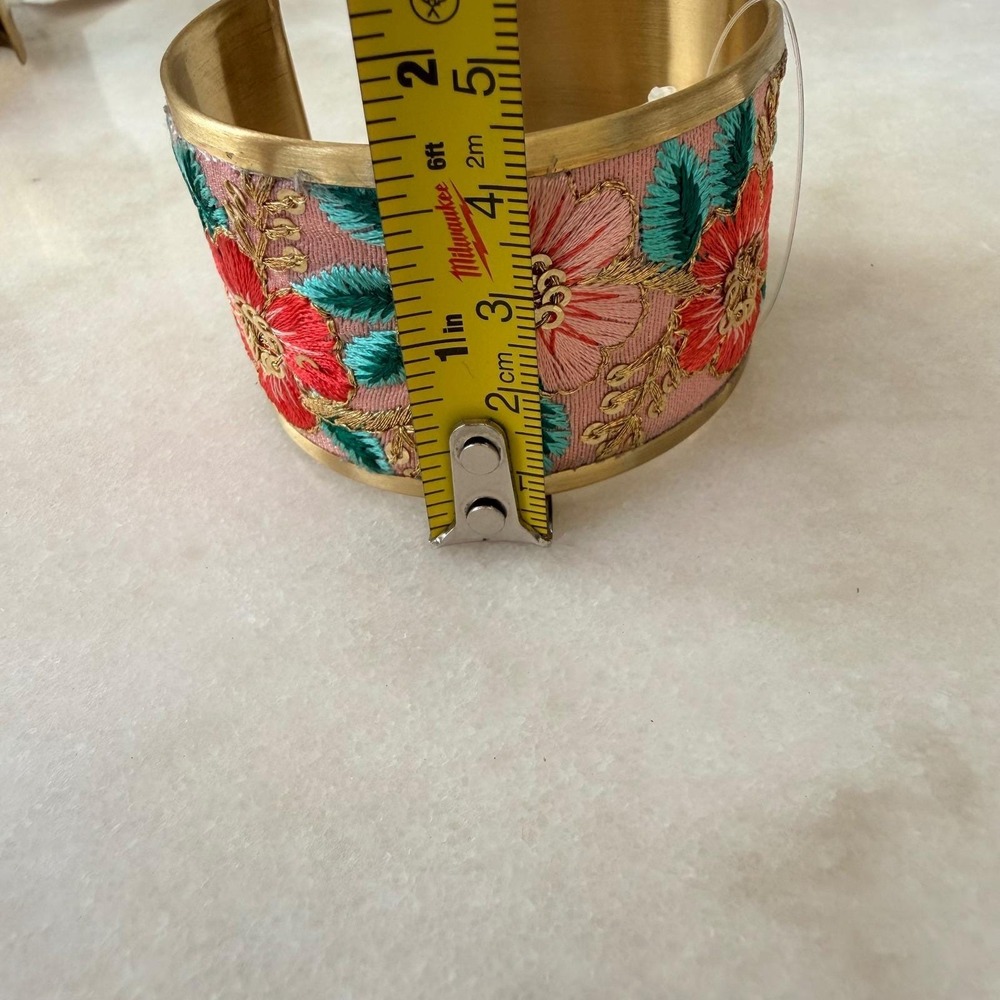 Bohemian‎ Floral Embroidered Wide Cuff Bracelet Gold Tone Pink Sequin Statement - Picture 10 of 11